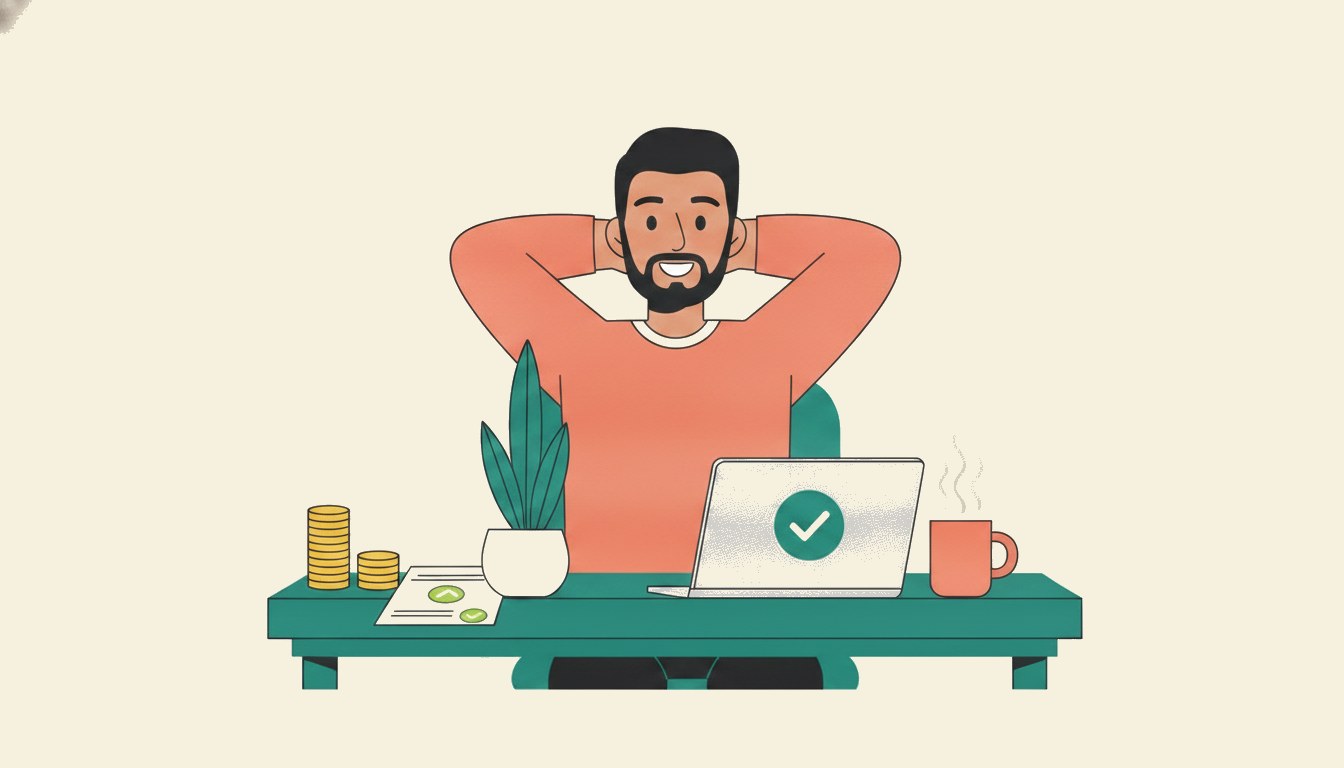 A relaxed business owner leaning back at a laptop, invoices settled and coins on the desk, the chasing handled for them
