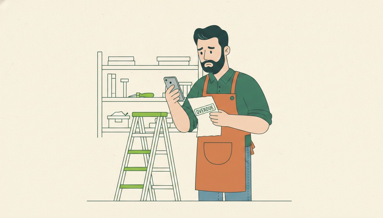 A tradesperson frowning at an OVERDUE invoice on their phone