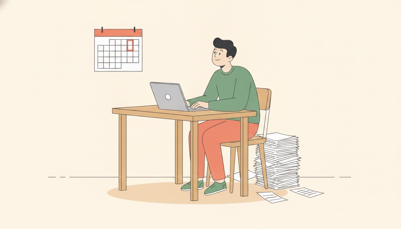 A sole trader anxiously watching a small calendar with 7 August circled in red, while a far larger 31 January 2028 calendar page looms behind over a tall stack of unpaid invoices