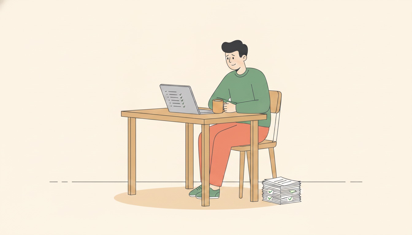 The same desk, calm and clear, the quarterly update submitted and the invoices marked paid